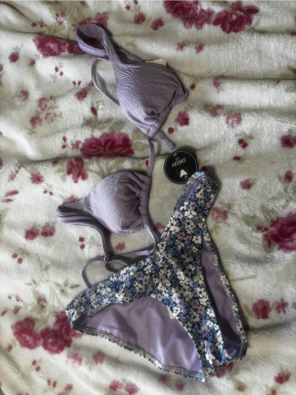 Hollister Lavender Textured Triangle Bikini Top with Floral Bottom NWT